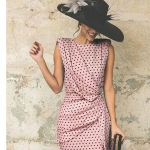 Pink polka dot draped bodycon dress NWOT